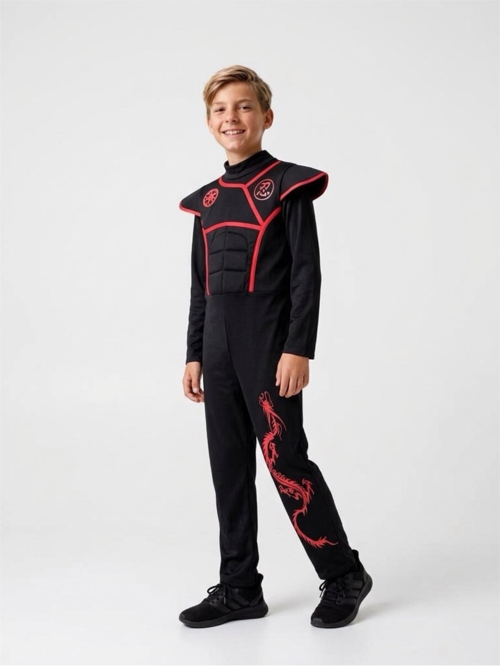 Black/Red Ninja Bodysuit Costume Dragon Print Padded Chest Stretch Boys Size M